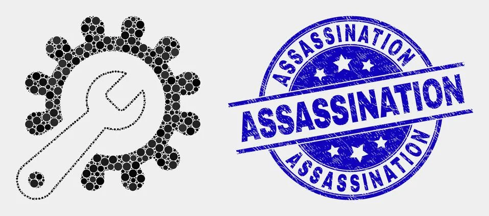 Vector Pixelated Repair Tools Icon and Scratched Assassination Stamp Stock Illustration