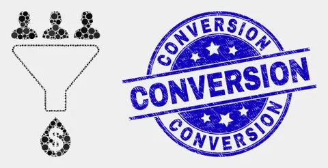 Vector Pixelated Sales Funnel Icon and Scratched Conversion Stamp Stock Illustration