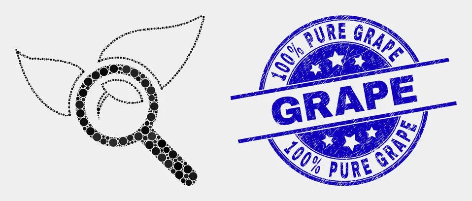 Vector Pixelated Search Flora Plant Icon and Distress 100% Pure Grape Stamp Seal Stock Illustration