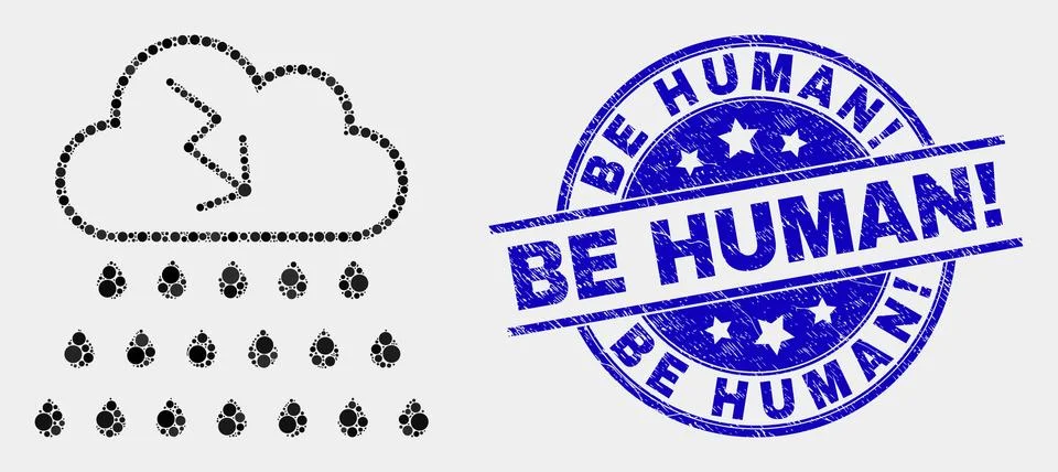 Vector Pixelated Storm Cloud Icon and Grunge Be Human! Seal Stock Illustration