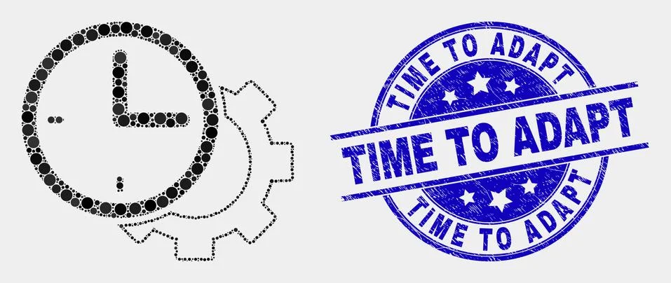 Vector Pixelated Time Settings Gear Icon and Grunge Time to Adapt Watermark Stock-Illustration
