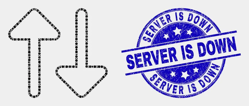 Vector Pixelated Vertical Exchange Arrows Icon and Distress Server Is Down Seal Stock Illustration