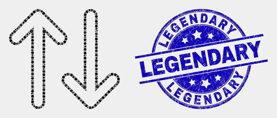 Vector Pixelated Vertical Exchange Arrows Icon and Distress Legendary Watermark Stock Illustration