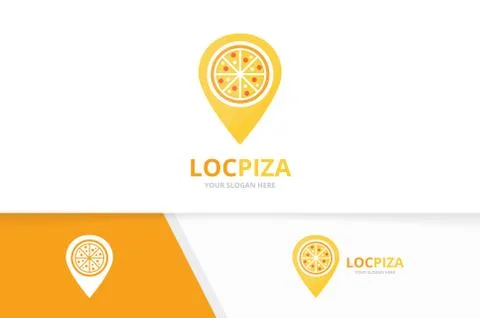 Vector pizza and map pointer logo combination. Food and gps locator symbol or Illustrazione stock