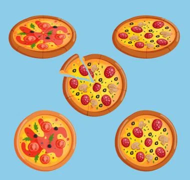 Vector pizza flat food collection isolated illustration piece slice. Pizzeria Illustrazione stock