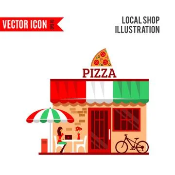 Vector of pizza restaurant with terrace in front Stock Illustration