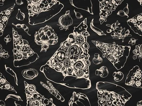 Vector Pizza Seamless Texture Pattern on Blackboard Stock Illustration