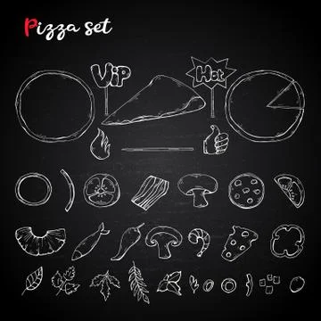 Vector pizza set,collection on a chalkboard. Pizza ingredient Stock Illustration