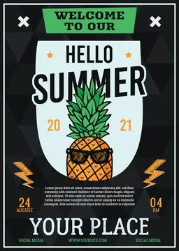 Vector placard with pineapple announcing Hello Summer event Illustrazione stock