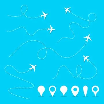Vector plane line path. Airplane directional pathway, fly direction and pins Stock Illustration