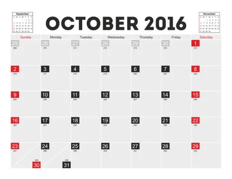 Vector planning calendar October 2016 Stock Illustration