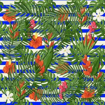 Vector plant seamless pattern with hibiscus,palm branch,monstera green Illustrazione stock