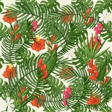 Vector plant seamless pattern with hibiscus,palm branch Stock Illustration