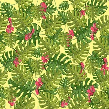 Vector plant seamless pattern with hibiscus,palm branch,monstera Stock Illustration