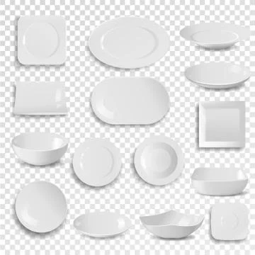 Vector plate and bowl empty white clean dinner dish utensil isolated on Stock Illustration