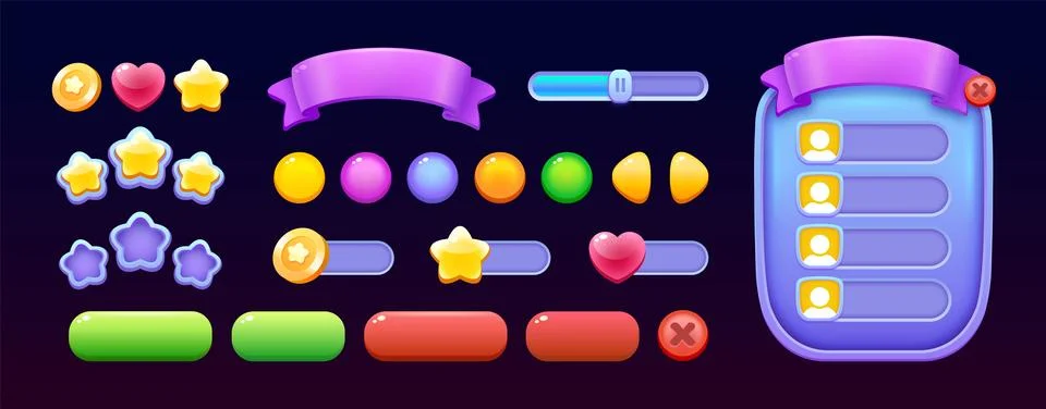 Vector Playful Game UI Elements and Popup Windows Set with Cartoon Buttons, D Stock Illustration