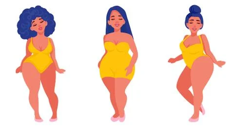 Vector Plus size girls in flat style illustration. Body positive. Stock Illustration