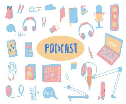 Vector podcasts elements and lettering. Text and podcasts symbols set isolate Stockillustratie