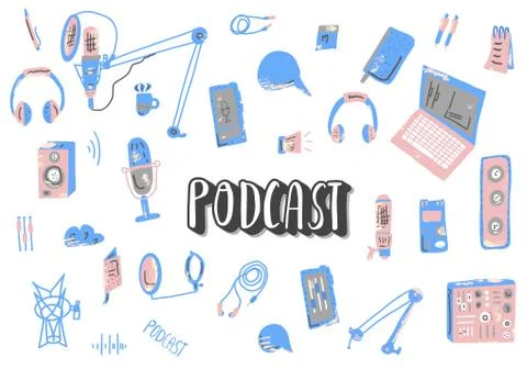 Vector podcasts elements and lettering. Text and podcasts symbols set isolate 스톡 일러스트