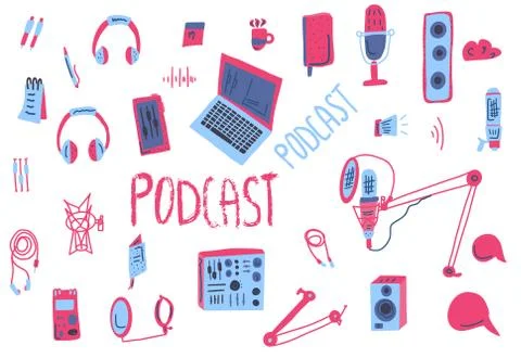 Vector podcasts elements and lettering in flat style. Text and podcasts symbo 스톡 일러스트