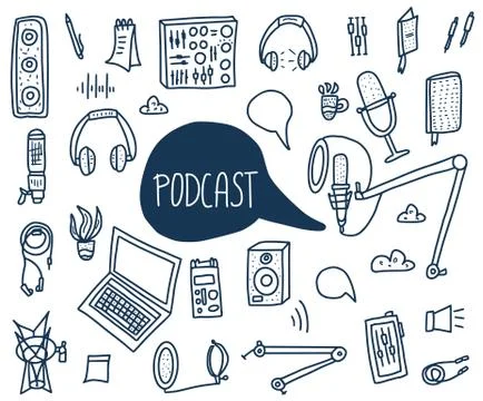 Vector podcasts elements and lettering. Text and podcasts symbols set isolate イラスト素材