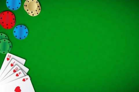 Vector poker background with Royal Straight Flush and chips on green casino Stock Illustration