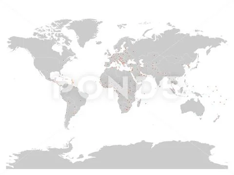 Vector political map of World with capital cities marked as orange squares with Stock Illustration
