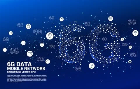 Vector Polygon dot connect line shaped 6G mobile network with function icon.  Stock Illustration