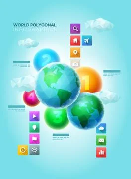 Vector polygon world spheres with colorful spheres and long shadow icons Stock Illustration