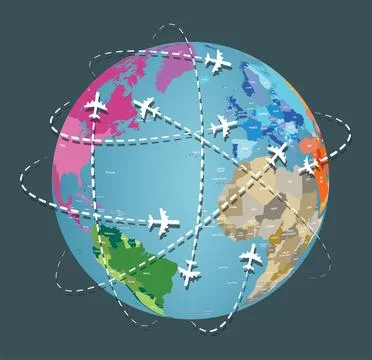 Vector polygonal Earth planet with flying airplanes. Travel background Stock Illustration
