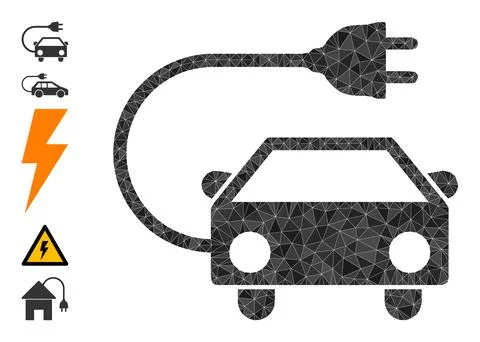 Vector Polygonal Electric Car Icon and Additional Icons Illustrazione stock
