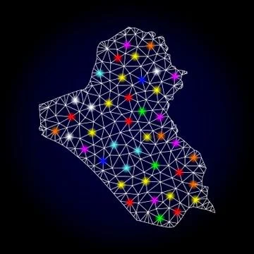Vector Polygonal Mesh Map of Iraq with Glowing Spots for Christmas Stock Illustration