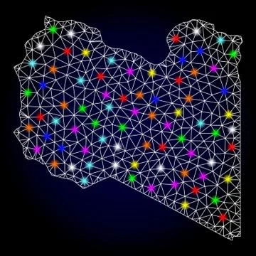 Vector Polygonal Mesh Map of Libya with Light Spots for Christmas Stock Illustration
