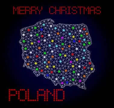 Vector Polygonal Mesh Map of Poland with Glowing Spots for Christmas Stock Illustration