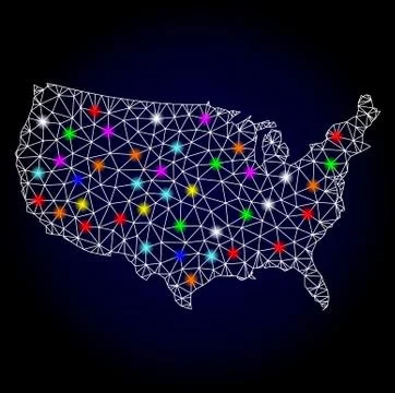 Vector Polygonal Mesh Map of USA with Glowing Spots for New Year Illustrazione stock