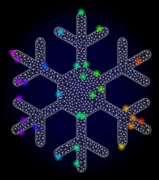 Vector Polygonal Mesh Snowflake with Rainbow Colored Light Spots Stock Illustration