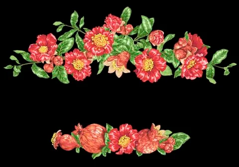 Vector pomegranate headline border with blooming flowers and fruits Stock Illustration