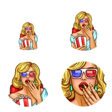 Vector pop art avatar, icon of pin up sexy girl in 3d glasses inside the cinema Stock-Illustration