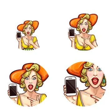 Vector pop art avatar, icon of shocked, surprised pin up girl in hat holding Stock-Illustration