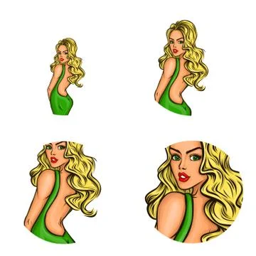 Vector pop art avatar of pin up fashion girl in green dress for chat, blog, web Stock-Illustration