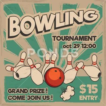 Vector pop art bowling illustration on a vintage background. Bowling strike Stock Illustration