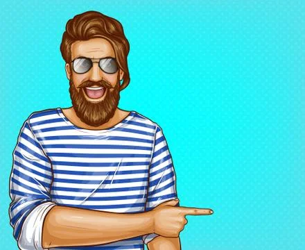 Vector pop art brown haired bearded man Stock Illustration