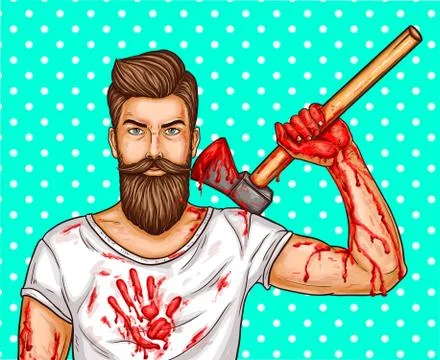 Vector pop art brutal bearded man with blood stained ax, bloody streaks and Stock-Illustration