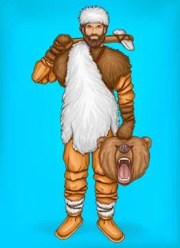 Vector pop art caveman with prey, hunting concept Stock-Illustration