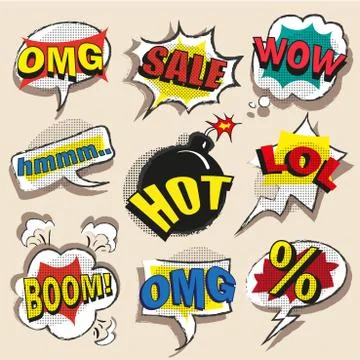 Vector pop art comic speech bubble set with abbreviations Stock Illustration