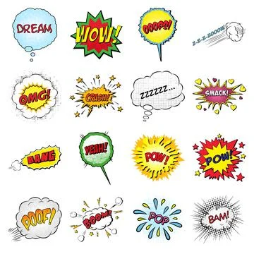 Vector Pop Art Comic Speech Bubbles Set with Colorful Halftone Shapes and Stock Illustration