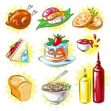 Vector pop art comic style food patches set Stock Illustration