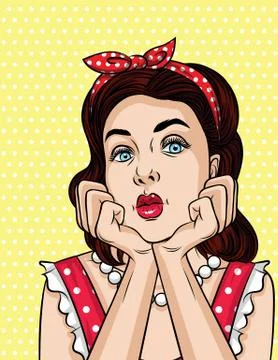 Vector pop art comic style illustration of a beautiful young woman is dreamin Stock Illustration