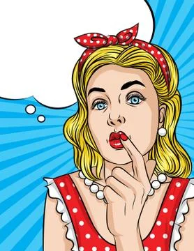 Vector pop art comic style illustration of a beautiful young woman is thinkin Stock Illustration