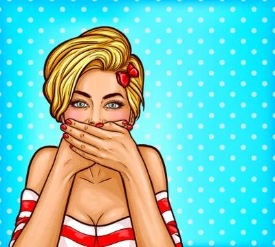 Vector pop art excited blond woman covering her mouth with her hands. Illustrazione stock